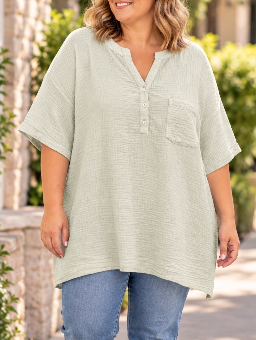 Ulla Popken 100% Cotton Sage Green Gauze Oversized Tunic Top Plus Size 24/26